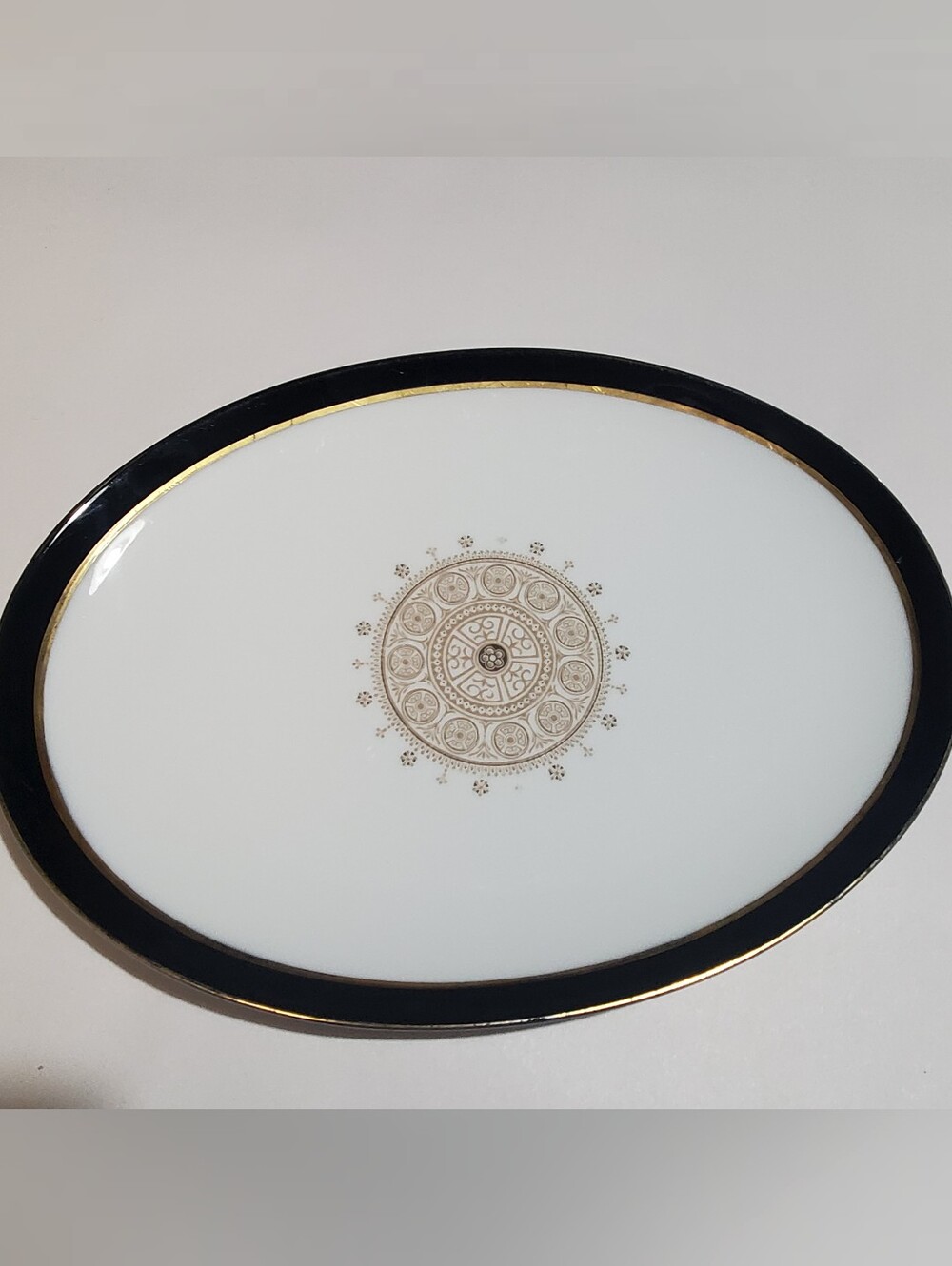 Vintage Sears AQUARIUS Fne China Oval Serving Dish. Black Gold Atomic Style Mid